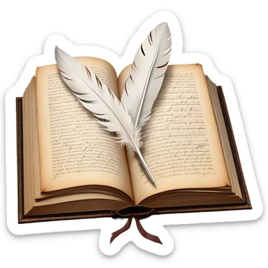 Create a poetic and elegant emoji representing poetry. The design should feature several vintage, gracefully flying pages with short, poetic columns written on them. A white feather quill should be depicted writing on one of the pages, with ink flowing smoothly. The pages should have a soft, antique look, with subtle details to convey the delicate nature of poetry. Use soft, light colors with a romantic, airy feel. Make the background transparent. sticker