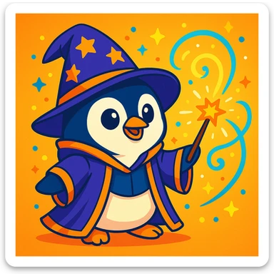 cute penguin wizard casting a spell, wearing a robe and holding a wand, colorful cartoon style sticker