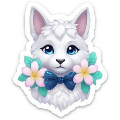 Anthro Cute Cool Kawaii gorgeous sparkly ethereal fantasy animal creature with blue eyes furry sona with flowers and bow tie beautiful aesthetic sticker