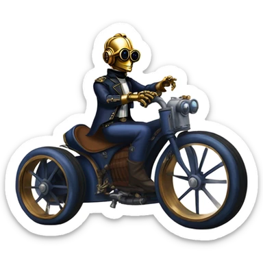 Bounty hunter C-3PO wearing a pair of navy-blue rimmed steampunk goggles, hat, leather chaps, fringe jacket riding a fast 3 wheeler trike steampunk motorcycle on ice  sticker