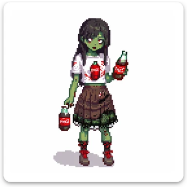 Generate an Asian girl, dark-haired, she's a zombie, wearing a skirt with lace, slightly torn,
Holding a bottle of Coca-Cola in her hands.
Background: a dark street in the style of Gotham City  sticker