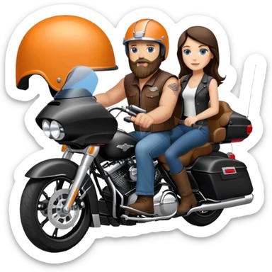 Harley Davidson road glide bearded bald blue eyes man  with brunette girl  pillion sticker