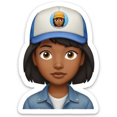 Black girl with short hair mullet and a trucker hat sticker