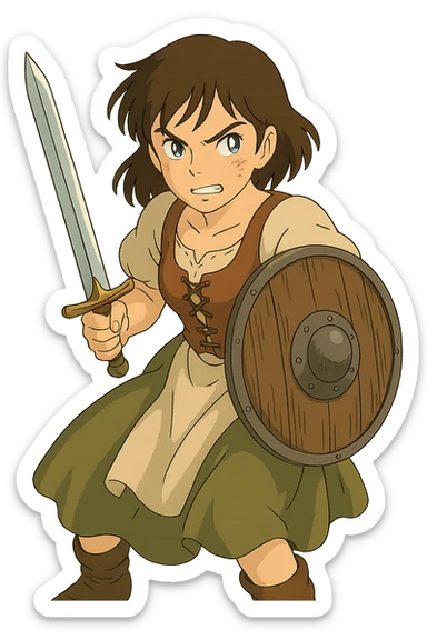 a warrior maiden with a sword and shield, common tavern clothing, eye gleam, defense stance, repose sticker