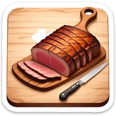 Cinematic smoked brisket, deep mahogany crust, perfectly sliced to reveal juicy marbled meat, warm smoky aroma, served on a wooden board, rich and flavorful, ultra-detailed and appetizing. sticker