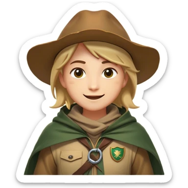 Clash of Clans aesthetic Playful Ranger Portrait Emoji, Head tilted with a friendly, mischievous smile and bright, curious eyes, featuring a compact, nimble build outfitted in rugged, earthy gear and a stylish cloak, his natural skin tone adding authenticity, Simplified yet irresistibly charming features, highly detailed, glowing with a warm, inviting forest glow, high shine, spirited and lively, stylized with an air of whimsical woodland adventure, soft glowing outline, capturing the essence of a playful ranger exuding friendly natural charm! sticker