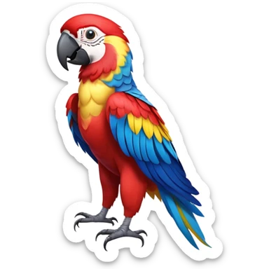 cinematic-macaw-realistic-full-body-standing-emoji,-vibrant-feathers-glowing-with-rich-reds,-blues,-and-yellows,-head-tilted-dramatically,-curved white-beak-gleaming,-piercing-dark-eyes-exuding-confidence,-simplified-yet-realistic-focused sticker