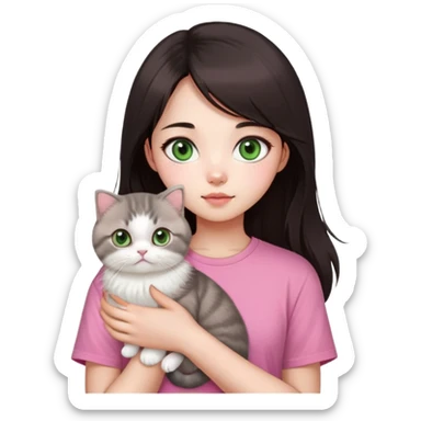 This Chinese girl's got fair skin and big black eyes. She's got long dark brown hair and she's wearing a pink t-shirt. She's holding a Scottish Fold cat. The cat's got light green eyeballs and white fur. sticker