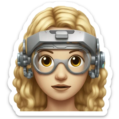 female cyborg head, fair skin, Brown long hair with blonde steaks, space age goggles and circuits sticker