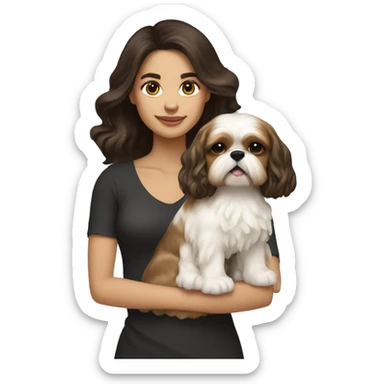 Young dark brunette medium kin hair woman with a golden shih tzu in her arms long wavy hair sticker