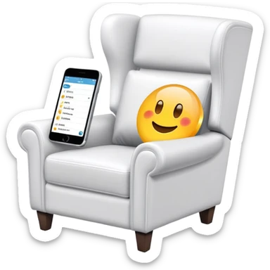 smartphone at an angle in foreground showing armchair product page on screen, with sparkle emoji sticking out on the left side sticker