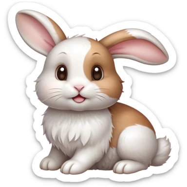 Cinematic Cute White and Brown Rabbit Portrait Emoji, Head tilted playfully and inquisitively, featuring a silky fur with a delicate mix of white and brown patches, round, sparkling eyes filled with curiosity, Simplified yet irresistibly adorable features, highly detailed, glowing with a warm, friendly glow, high shine, affectionate and lively, stylized with a touch of whimsy, bright and endearing, soft glowing outline, capturing the essence of a mischievous yet loving bunny, so playful it feels like it could hop out of the screen and into your arms! sticker