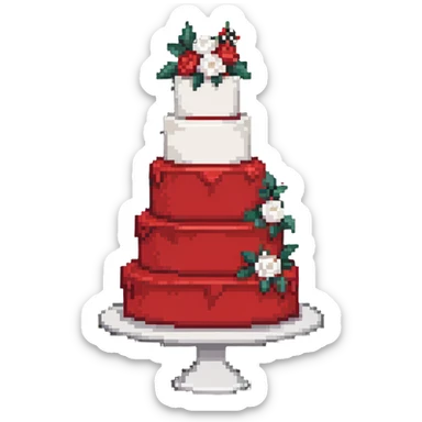 Red wedding cake with white frosting details and small roses sticker