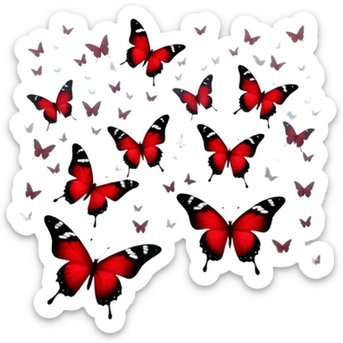 A surreal composition with deep red butterflies fluttering in the foreground, their wings illuminated by an unseen light, while faded black crosses stand solemnly in the misty background. The air feels heavy with mystery, blending passion and melancholy in a striking visual. sticker