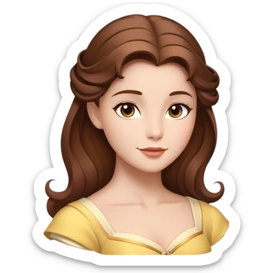 Cinematic Timeless Belle Portrait Emoji, rendered in a clean, vector style. Depict Belle with fair, luminous skin, beautifully arranged brown hair, and a serene, graceful expression, dressed in her classic attire. The design features bold, simplified shapes, a soft, enchanting glow, and a subtle glowing outline, capturing the essence of pure, timeless beauty. sticker