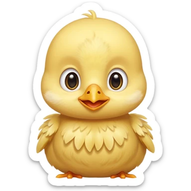 Cute baby chick named Lex, smiling with big shiny eyes, soft yellow feathers, round head, very adorable emoji style sticker