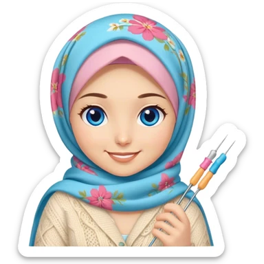 Turkish beautiful finish Konya girl blue eyes with spring floral butterfly hijab does knitting  sticker