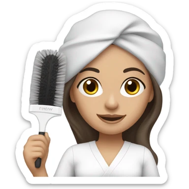 Brunette esthetician with hair down wearing white head band holding fan brush sticker