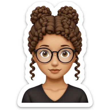 un chica con pelo rizado el peinadpo: un recogido osea todo el pelo recogido menos dos mechones alante que le llega hasta el cuello. luego pil un poco morena ojos marrones y tiene gafas negras y son exagonales pero un poco redondeadas.  sticker