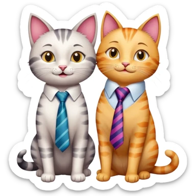 happy girl cat with eyelashes wearing a colorful necktie and happy boy cat wearing a professional necktie standing together and holding paws, both with loving expressions sticker