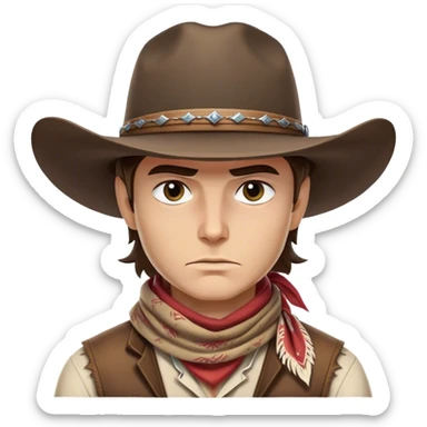 Clash of Clans aesthetic friendly Cowboy Portrait Emoji, With a rugged yet stylized build wearing a classic wide-brimmed hat and bandana, his face rendered in a natural skin tone (not yellow), determined eyes and a steely gaze, Simplified yet dynamic features, highly detailed, glowing with a warm, sunlit frontier radiance, high shine, brave and spirited, stylized with an air of Wild West heroism, focused and ready, soft glowing outline, capturing the essence of a fearless cowboy adventurer ready to ride into epic quests! sticker