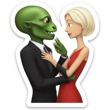 White man in black dress hugs and kissing Alien reptilian woman in red dress  sticker