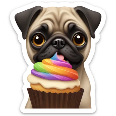 black and brown pug eating a cupcake sticker