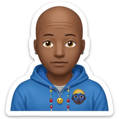 Bald black guy 40 years old with blue hoodie and and bead emoji sticker