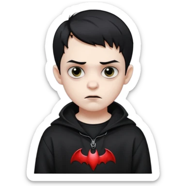 Vampire boy with the short black hair, pale-white skin, black eyes, little fangs and dark circles under his eyes. He has serious face and he wear a black oversize sweatshot sticker