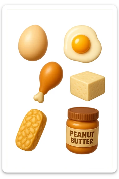 EMOJI STILE IPHONE DI
 uova, pollo, tofu, tempeh, burro di arachidi
, fluttuano in aria REALISTICA 4K sticker