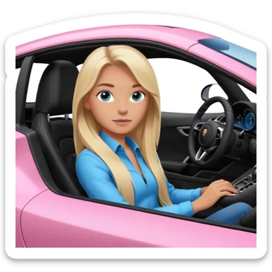 pink Porsche taycan with blonde girl, long hair, blue eyes, sitting in the car, girl in the driver seat, front view point of view, no sunglasses sticker
