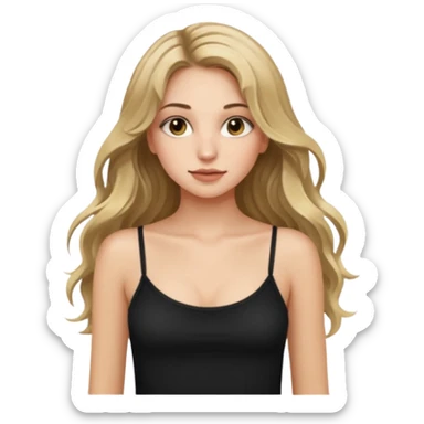 make an emoji girl with long dirty blond hair and hazel eyes. wearing a cute black spaghetti strap tank top tank top and her hair is down and slightly wavy. she also has really long eyelashes  sticker
