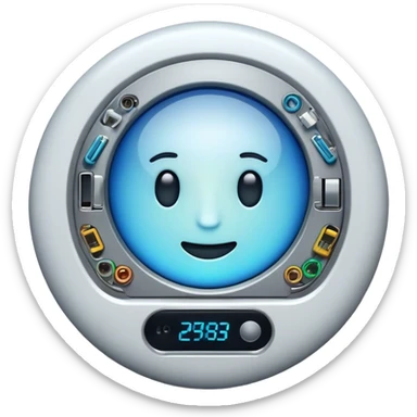 An emoji representing electronics: a round face with stylized details of electronic devices. On its surface or around it, there should be elements such as a smartphone, laptop, refrigerator, TV, wires, and microchips. The style should be modern, with a technological neon or metallic tint. sticker