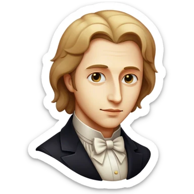 Cinematic Realistic Chopin Pop Culture Emoji, featuring an evocative portrayal of the legendary composer rendered with delicate textures and emotive, dynamic lighting. sticker