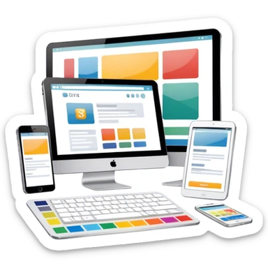 Modern icon for Web Design: a computer and smartphone or tablet screen displaying a website layout, HTML code, and design tools like a stilus and color palette. Transparent background. sticker