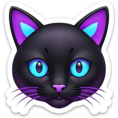 futuristic glowing black cat emoji, neon cyan eyes, purple #8B5CF6 highlights, tech minimal style, dark background sticker