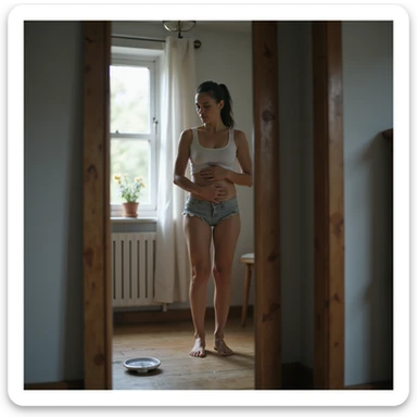 hyperrealistic 4K detailed image of a woman with hormonal imbalance, standing in front of mirror, clothes tight on abdomen, puzzled face, scale on floor, domestic environment sticker