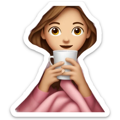 brown-haired white girl inside a pink blanket sipping coffee  sticker