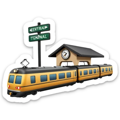 A 3D cartoon train terminal with tracks, platform signs, and an arriving train, Memoji-style realism. sticker