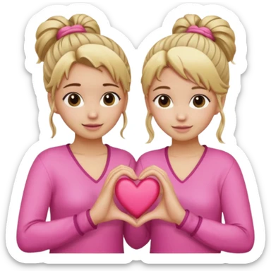 Two best friends making a heart shape with their hands together. One of them has blond hair which is shower and the other has brown hair tied up. They are both wearing pink outfits. sticker