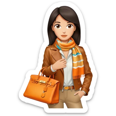 Elegant and tan woman wearing a leather Hermes jacket and a multicolored silk scarf around her neck. She has an orange Hermes Birkin Bag. I want the image to be close up, starting from the waist up.  sticker