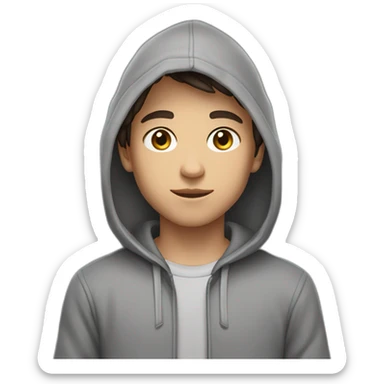 a 14 years boy , with a short dark brown hair , and brown eyes , and light skin , wearing a grey hoodie sticker