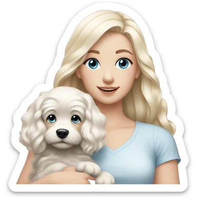 pale blonde girl with long platinum white wavy hair with blue eyes and wearing a light pink shirt holding a black and white haired puppy sticker