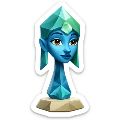Sculpture oracle priestess with a geometric faceted design with disney features. Oracle of delphi is sparkling and standing upright on a base with angular and flower features. The vibrant blues neutrals and greens highlights the sharp edges and planes.  sticker