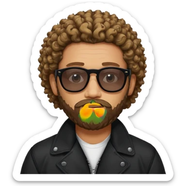 biker gang with black sunglass and rugged and bulky guy bearded curly hair black jacket one gay sticker