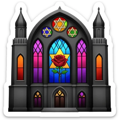 jewish synagogue temple in dark goth aesthetic style with lgbt flag color rose glass windows sticker