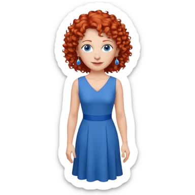 una profesora mayor simpática con el pelo rojo rizado, ojos azules, vestido azul y pendientes azules hablando altura completa sticker