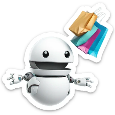 cute white floating spherical happy robot with floating shopping bags sticker