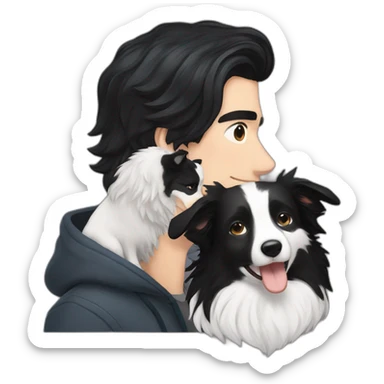 a 30 year old boy with long black hair next to a black and white border collie sticker