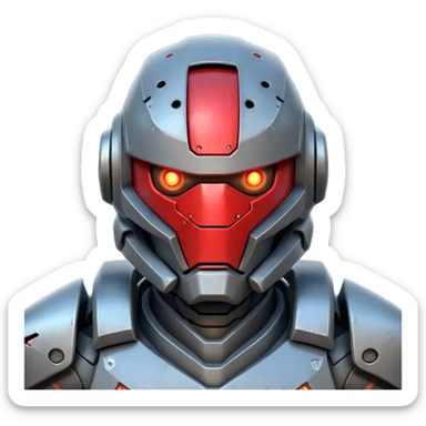 futuristic war robot portrait, head and shoulders only, aggressive design, sharp armor edges, glowing red eyes, battle-damaged helmet faceplate, heavy armor collar, intense dramatic lighting, sci-fi metal textures, 3D cartoon, mobile game icon style, clean background, no text, no watermark
 sticker